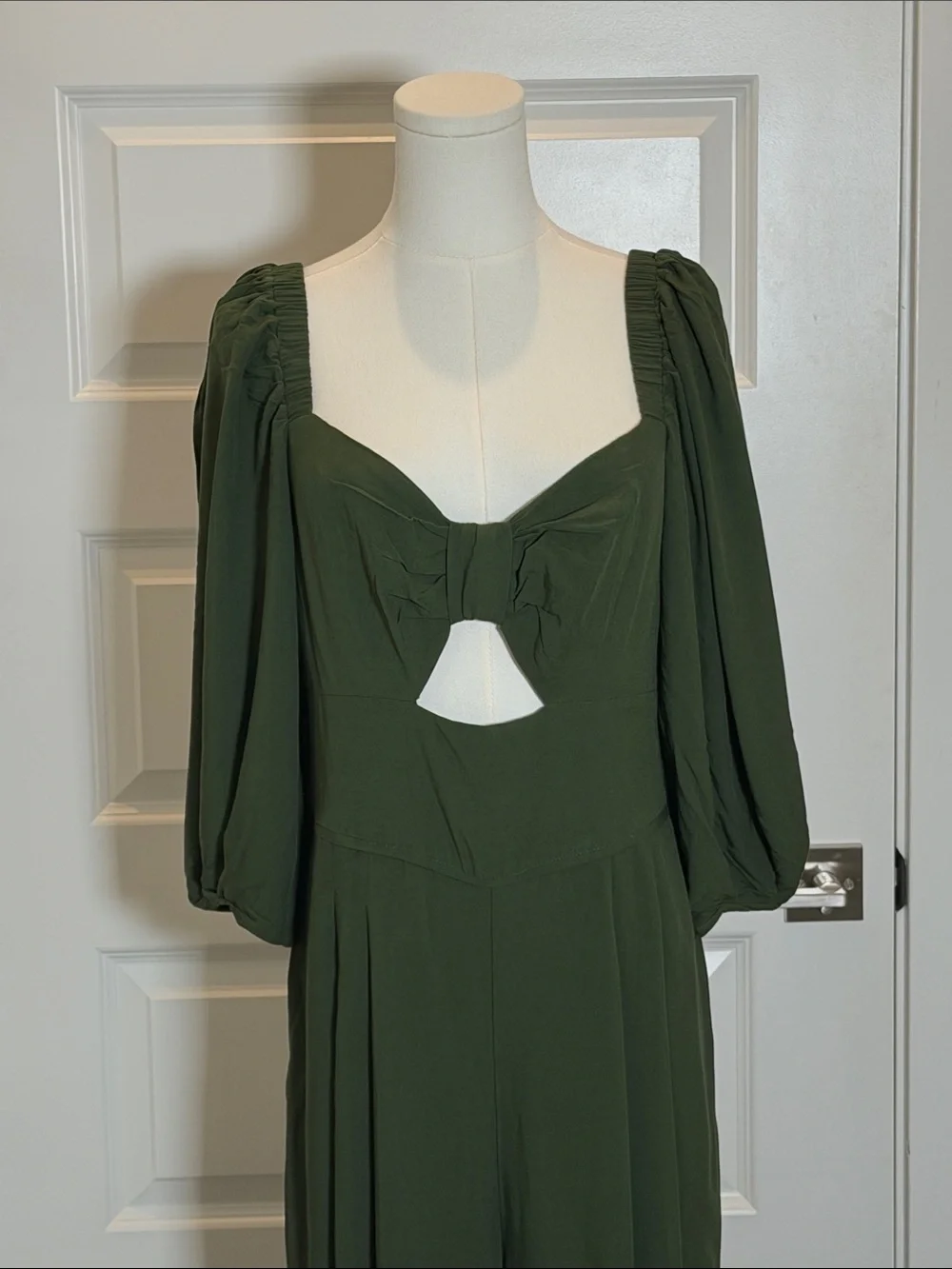 Maria Filó Olive Green Puff-Sleeve Wide-Leg Cutout Jumpsuit Size L